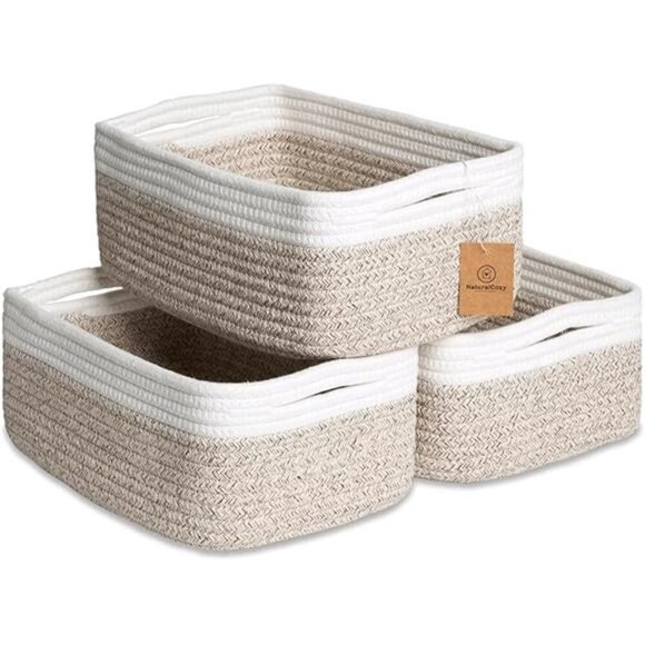 Cotton Rope Storage Baskets Set of 3 Small Woven Organizer Bins for Shelves - Picture 7 of 7